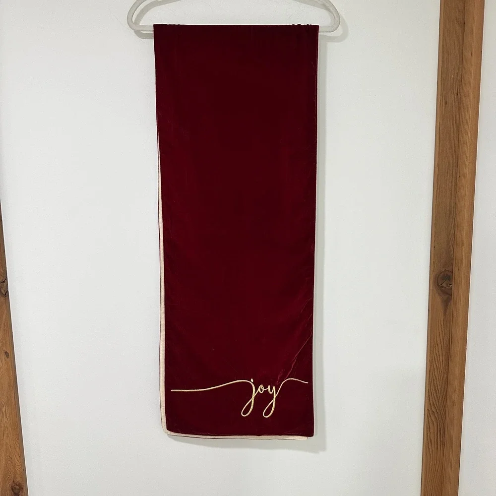 Red Velvet Christmas Table Runner Gold Joy Embroidered Reversible 72x14 Holiday